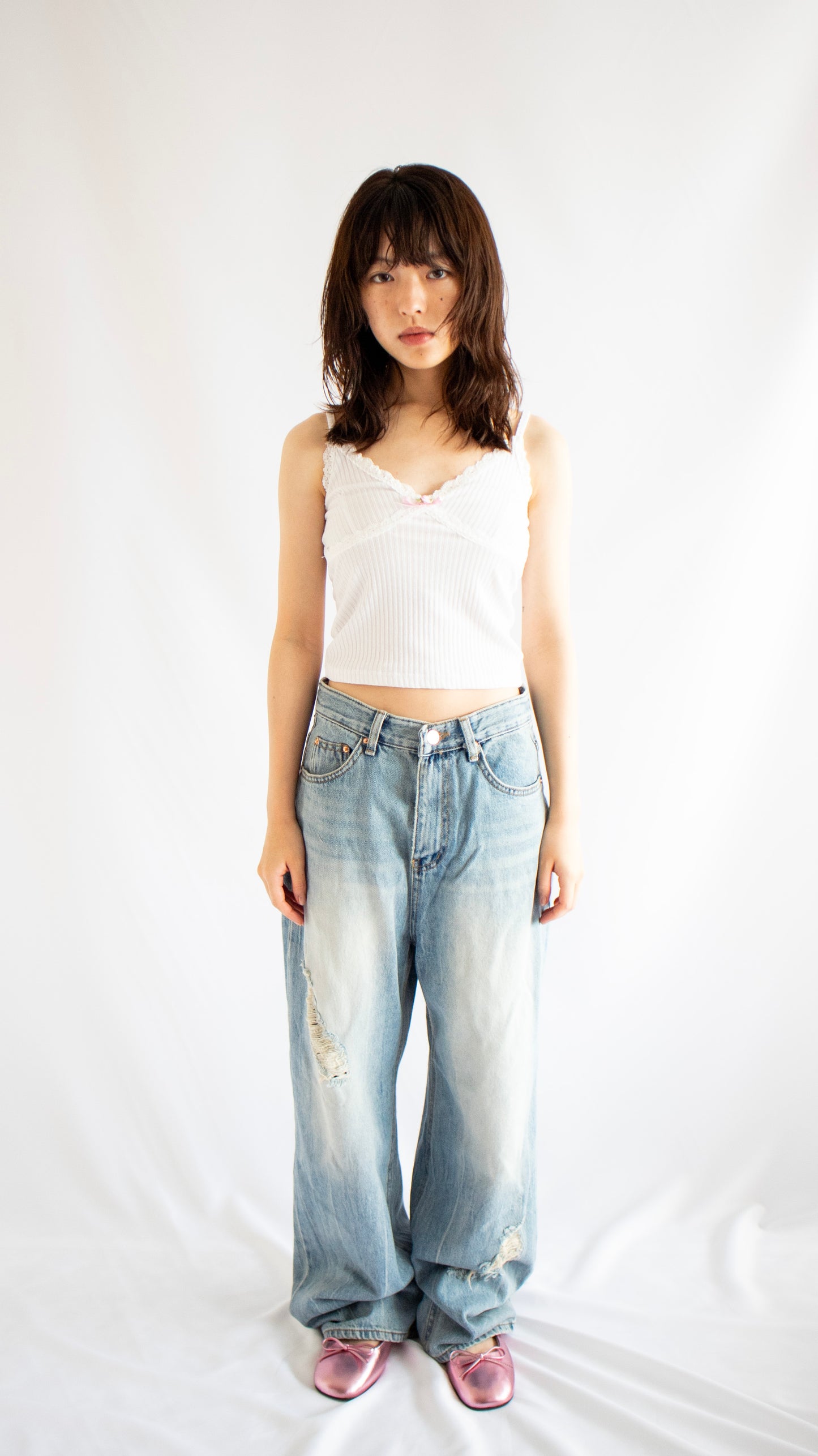 Damage wide denim pants