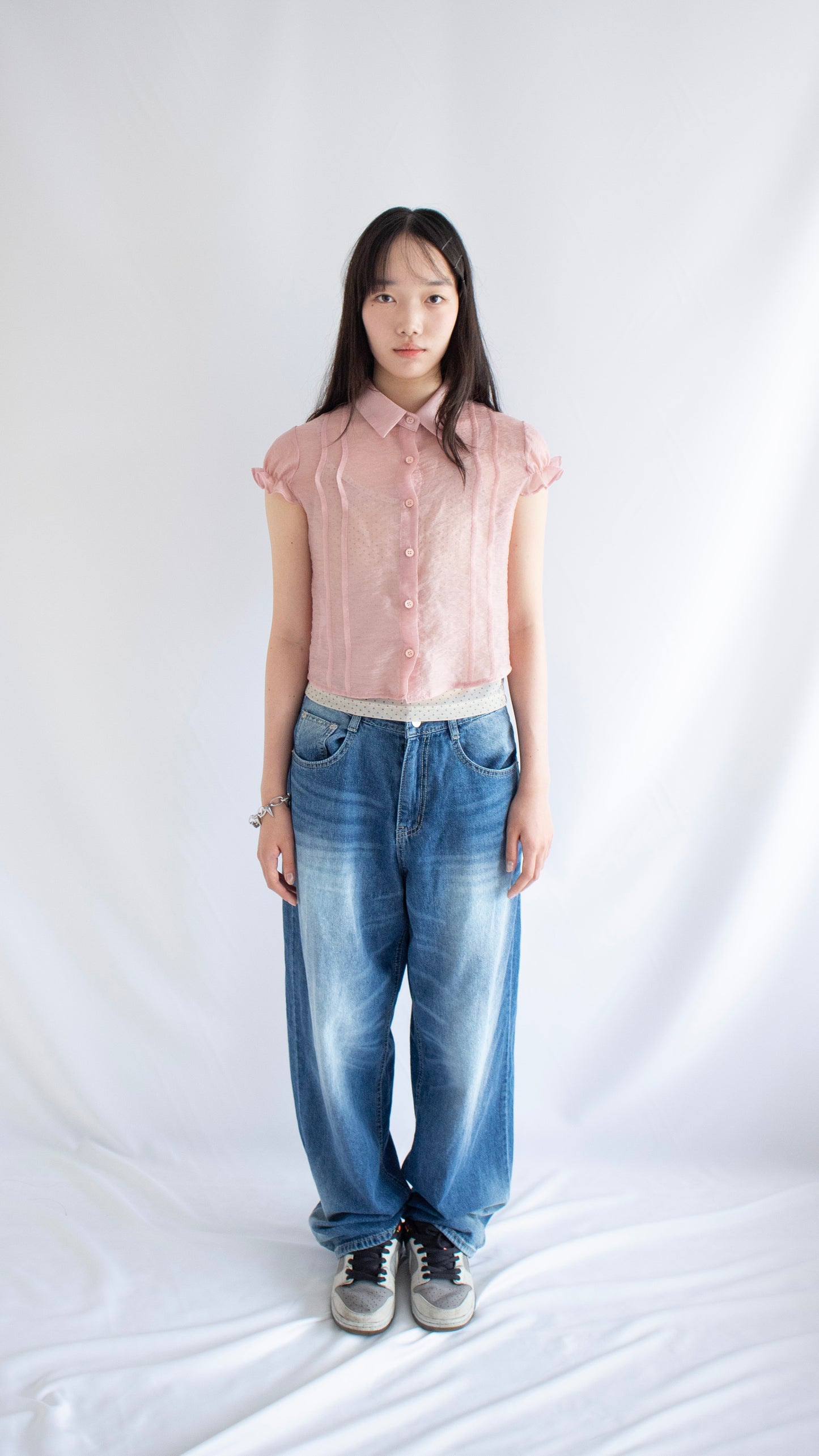 Frill tafetta puff shirt (pink)