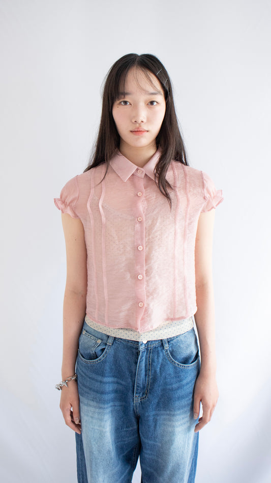 Frill tafetta puff shirt (pink)