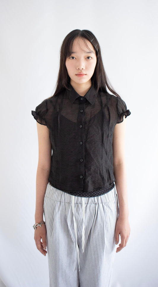 Frill tafetta puff shirt (black)