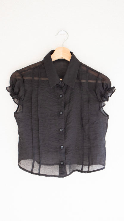 Frill tafetta puff shirt (black)