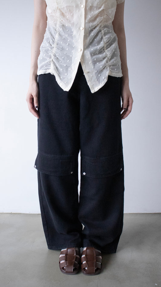 Cotton flap straight pants (black)