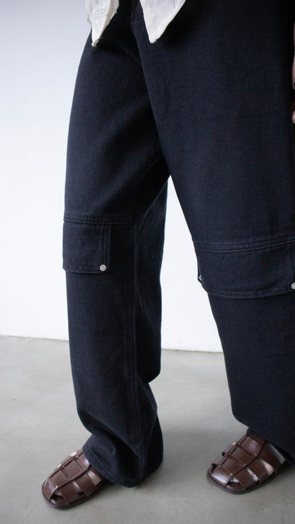 Cotton flap straight pants (black)