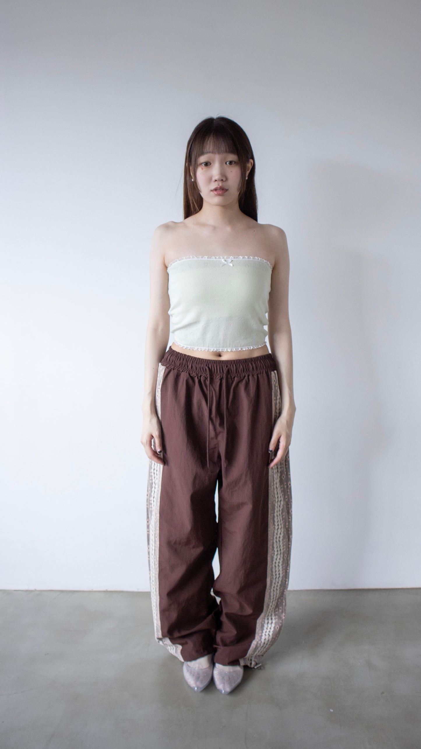 Lace nylon track pants (brown)