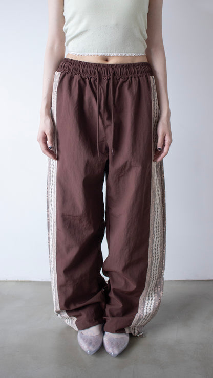 Lace nylon track pants (brown)