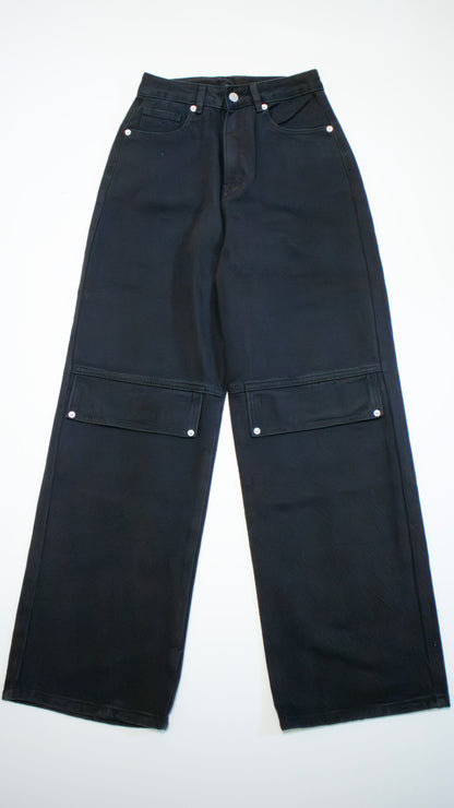 Cotton flap straight pants (black)