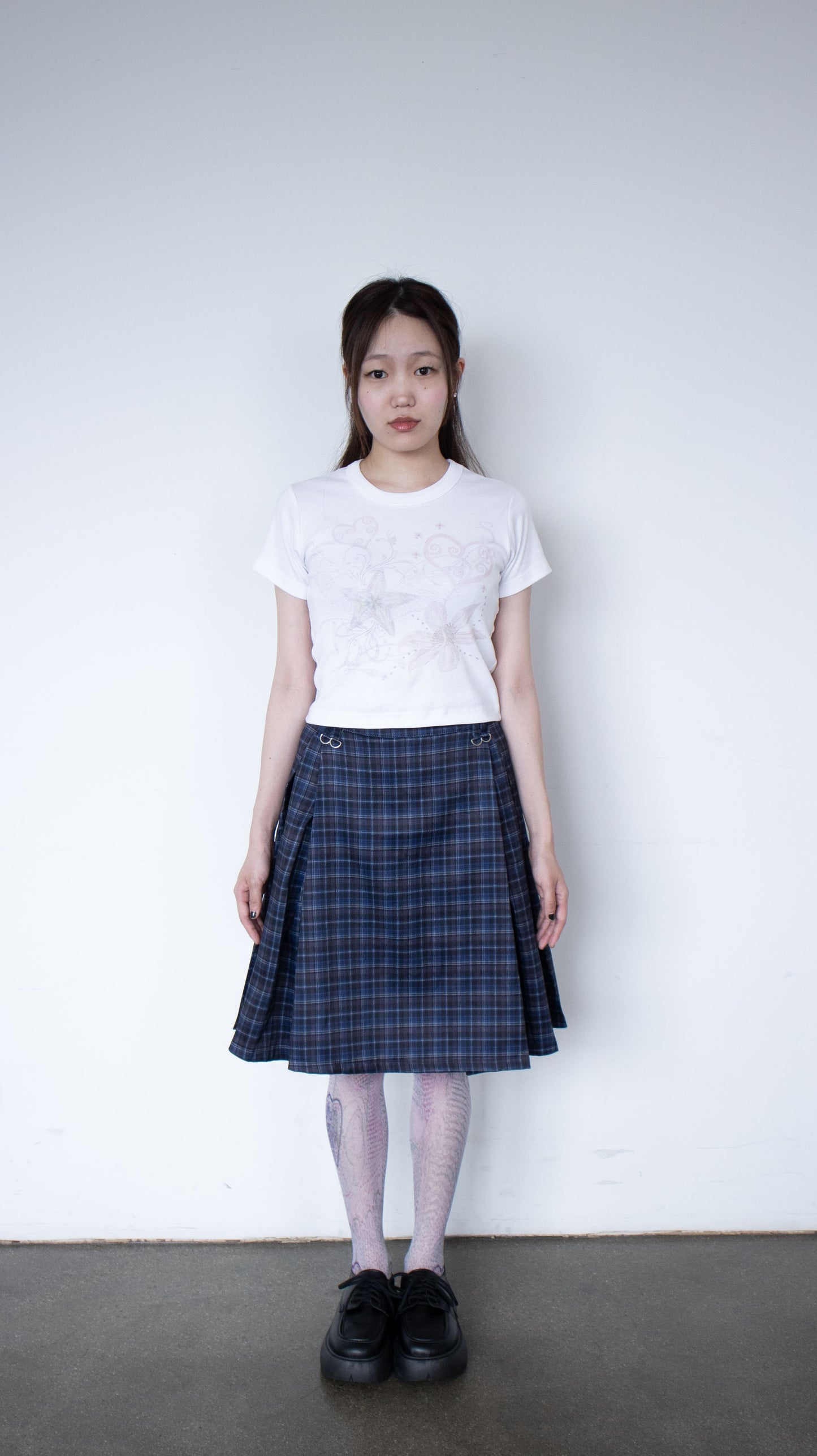 Check pleated midi skirt (navy)