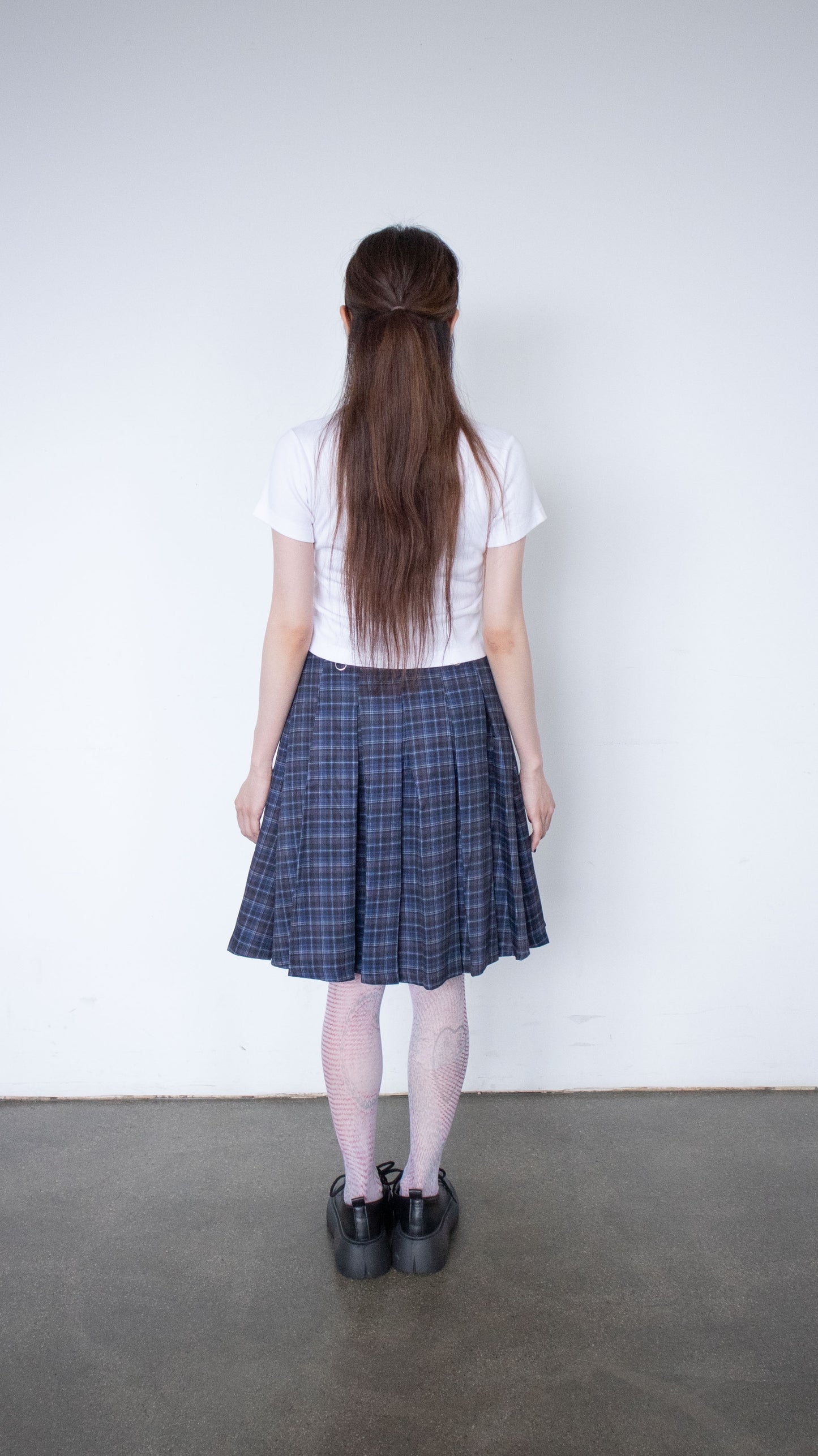 Check pleated midi skirt (navy)