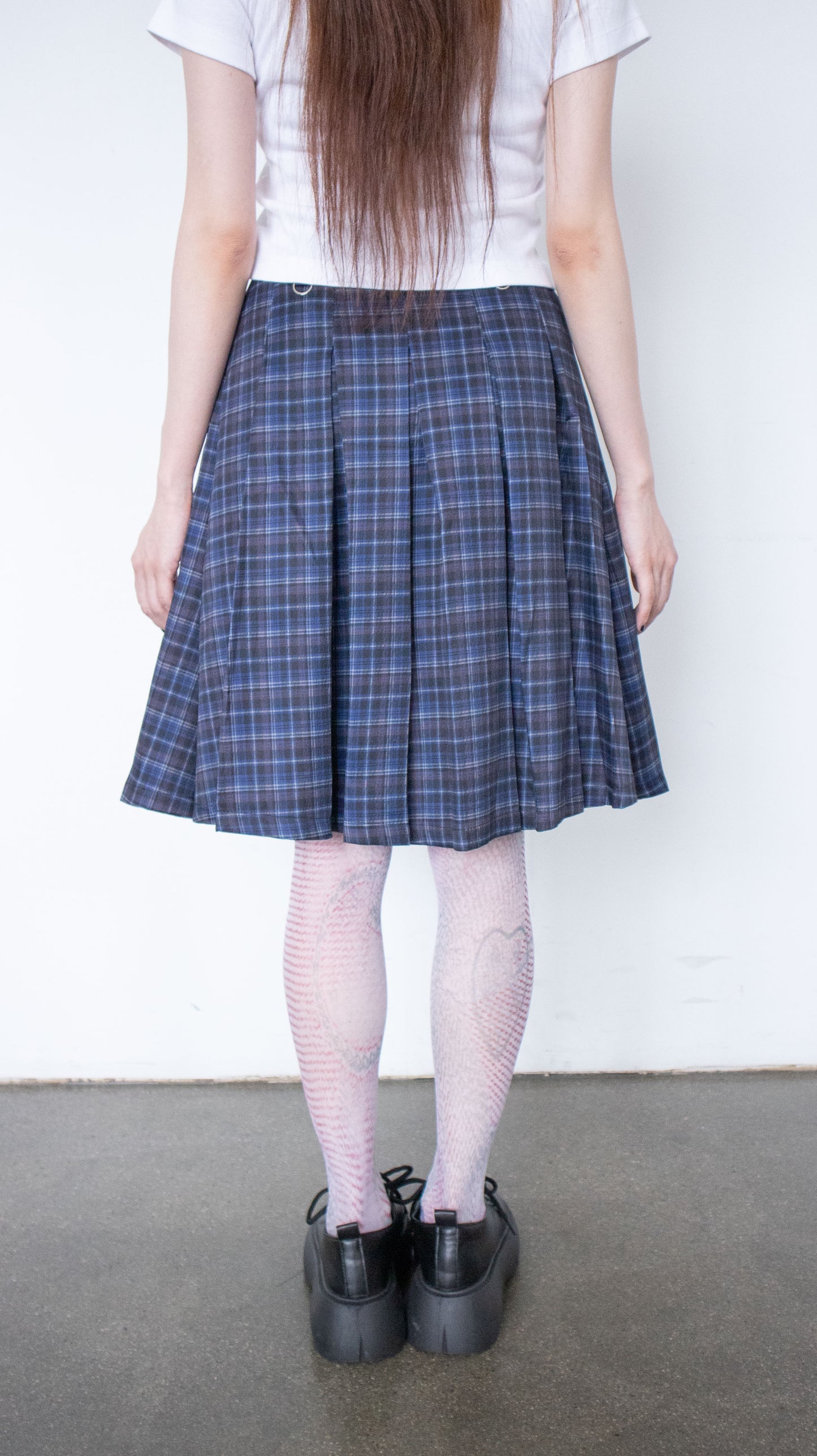 Check pleated midi skirt (navy)