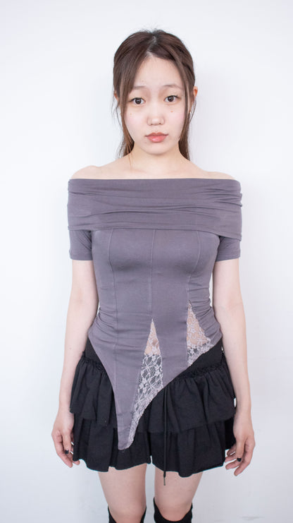 Off-shoulder cut lace top (charcoal)