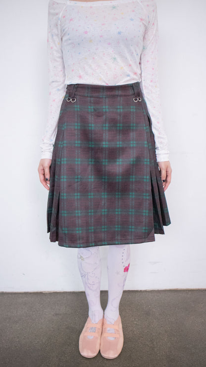 Check pleated midi skirt (green)