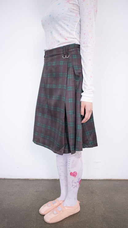 Check pleated midi skirt (green)