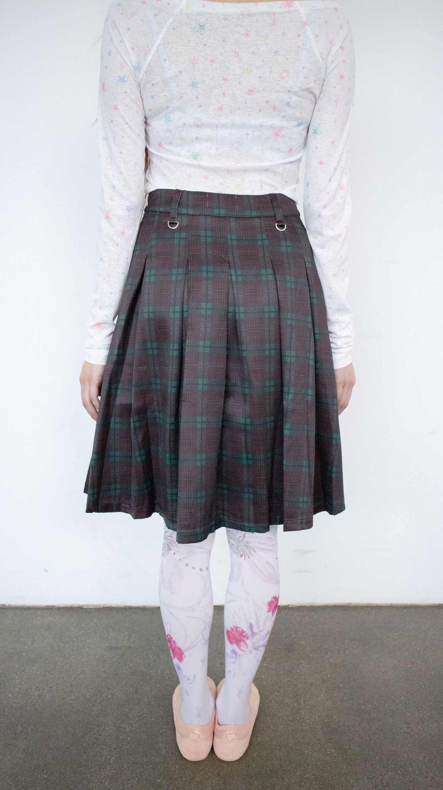 Check pleated midi skirt (green)