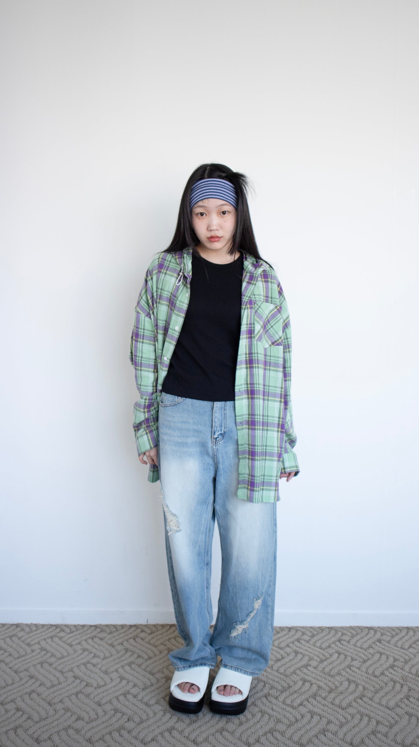 Boyfriend check hoodie shirts (green)