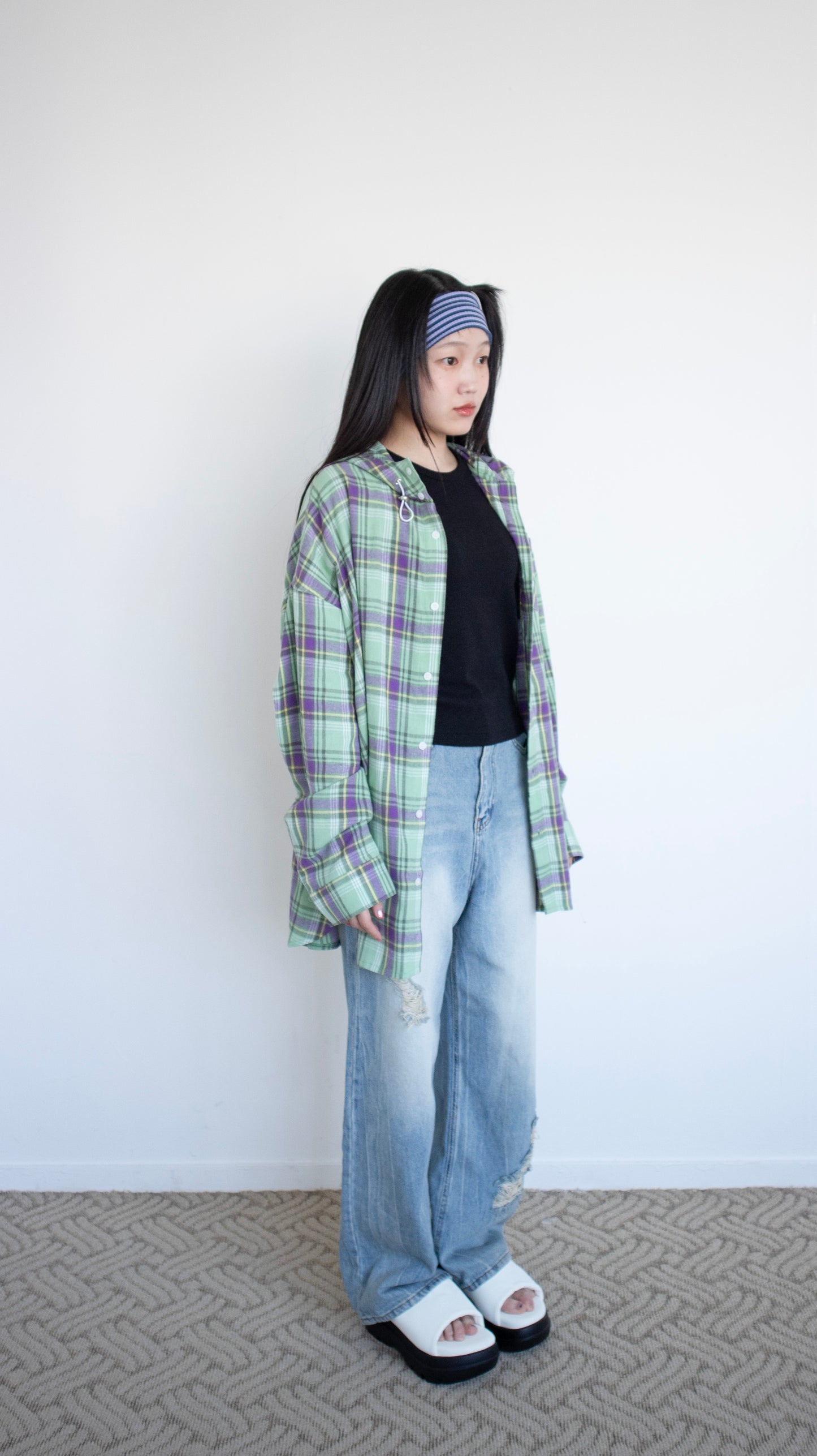 Boyfriend check hoodie shirts (green)