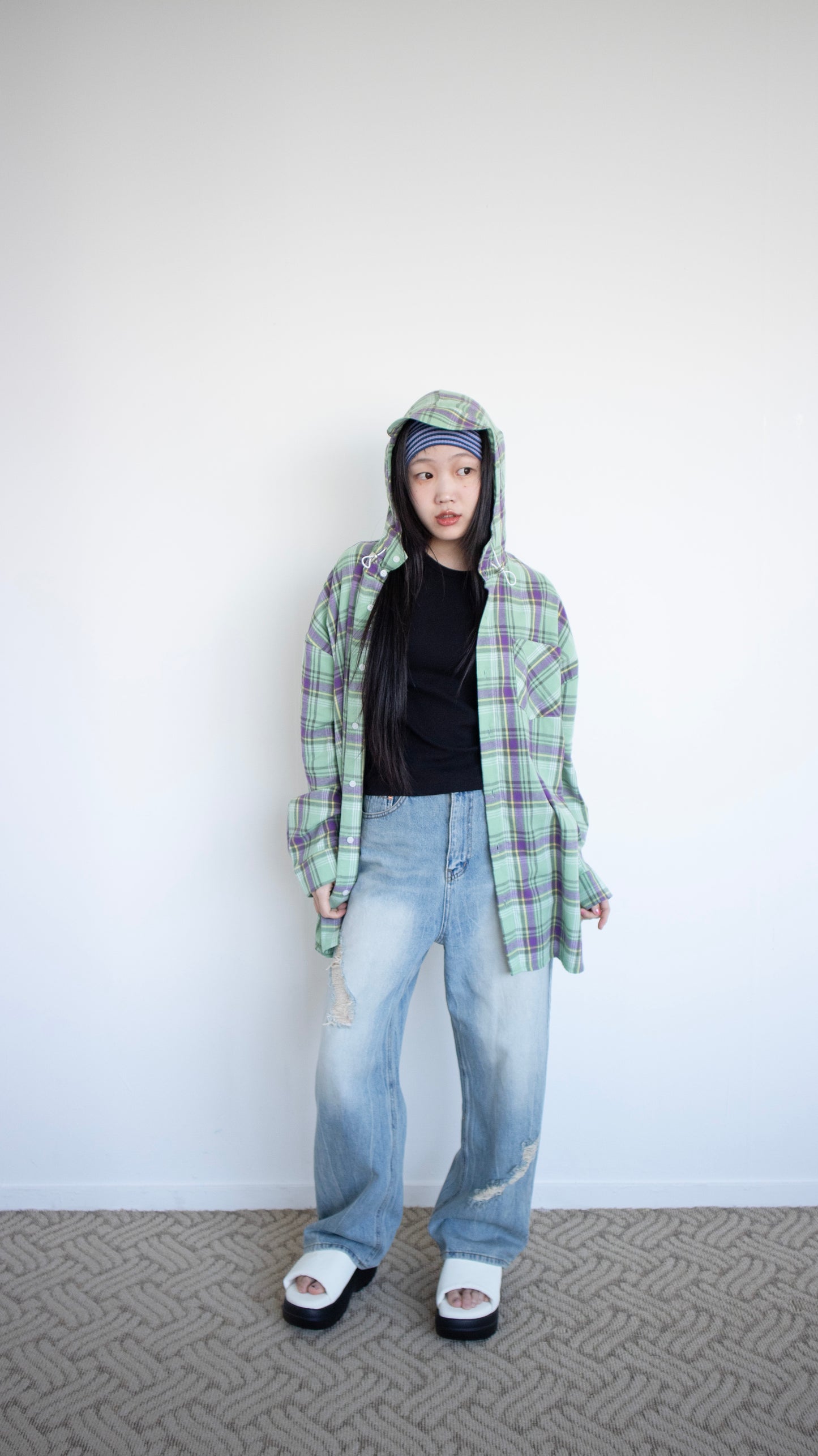 Boyfriend check hoodie shirts (green)