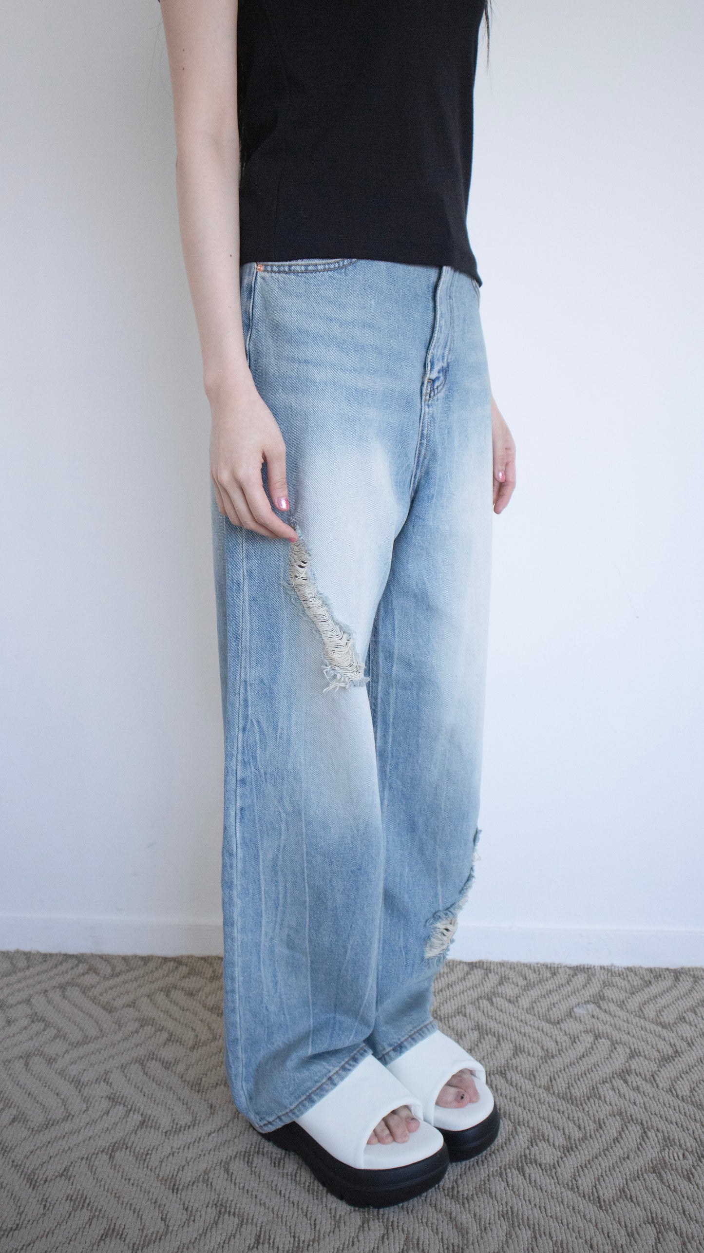 Damage wide denim pants