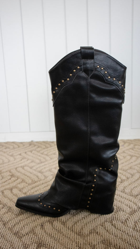 Real leather studs western boots (black)