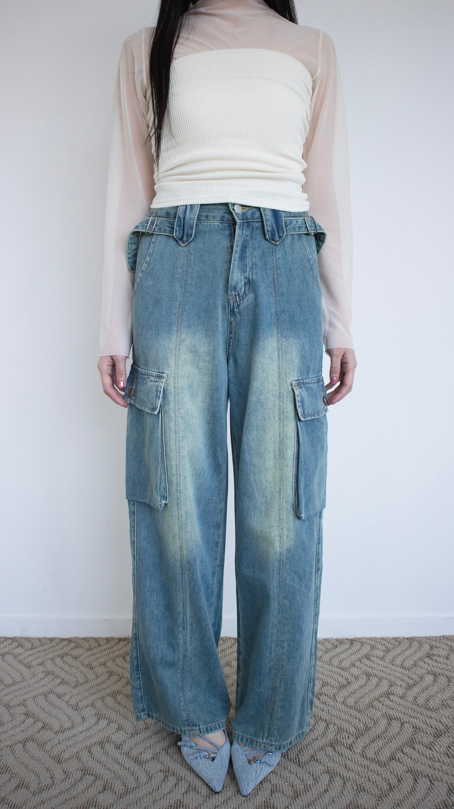 Pond washed cargo denim