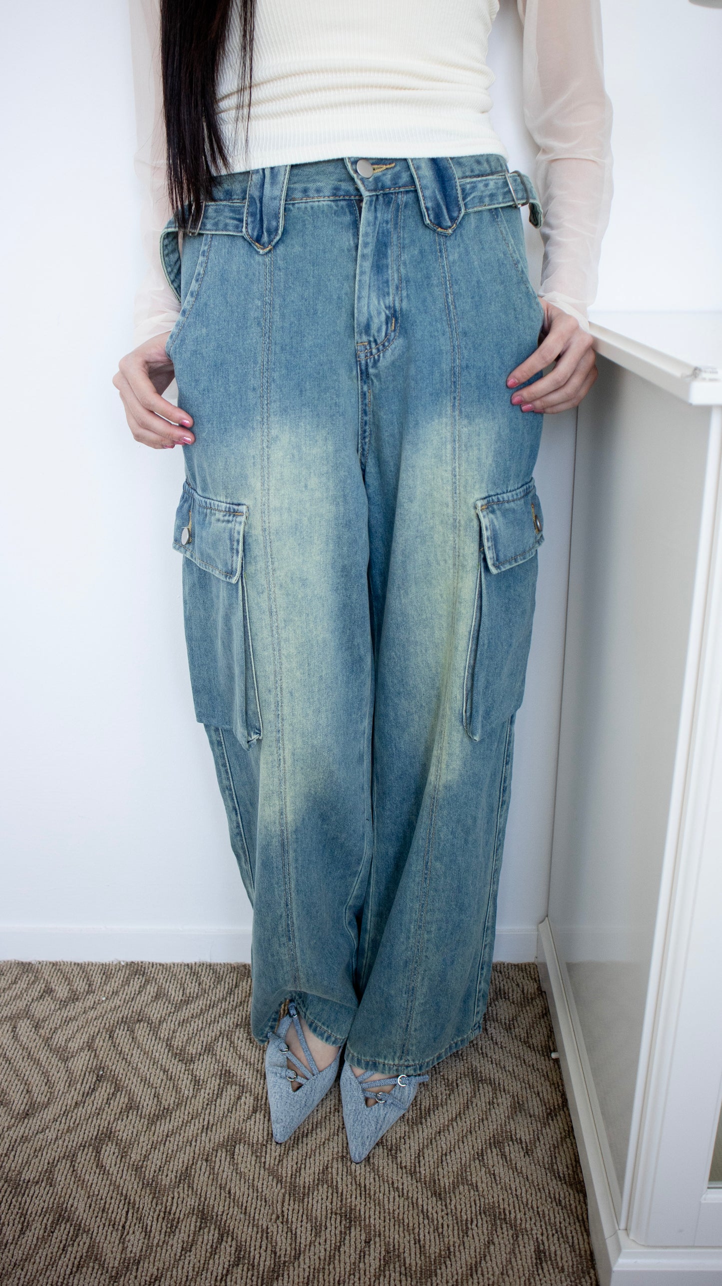 Pond washed cargo denim