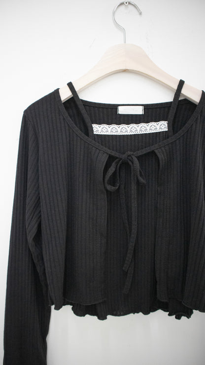 Layered ribbon cardigan set (black)