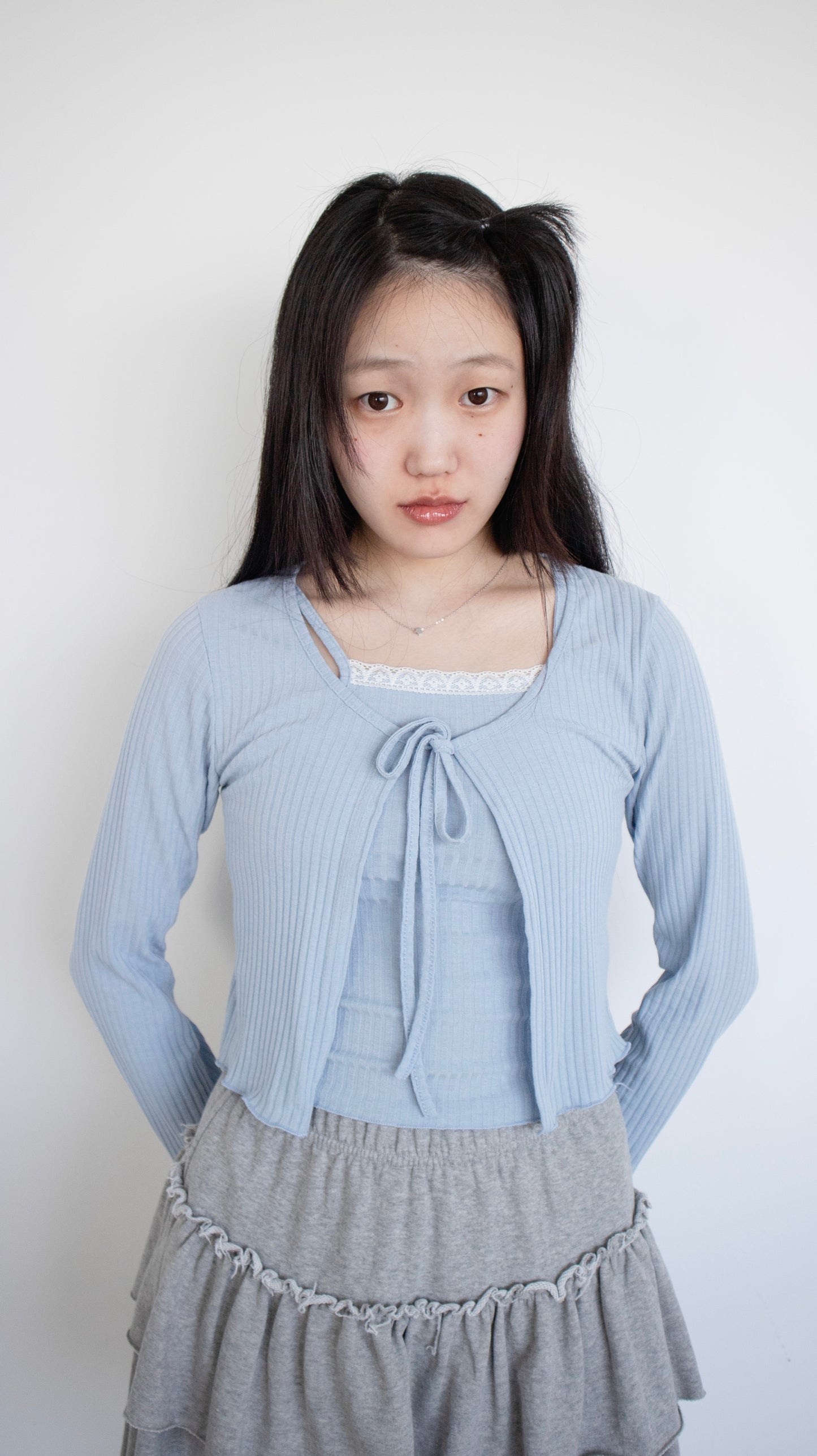 Layered ribbon cardigan set (sky blue)