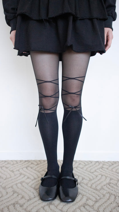 Ribbon knee-high tights (black)