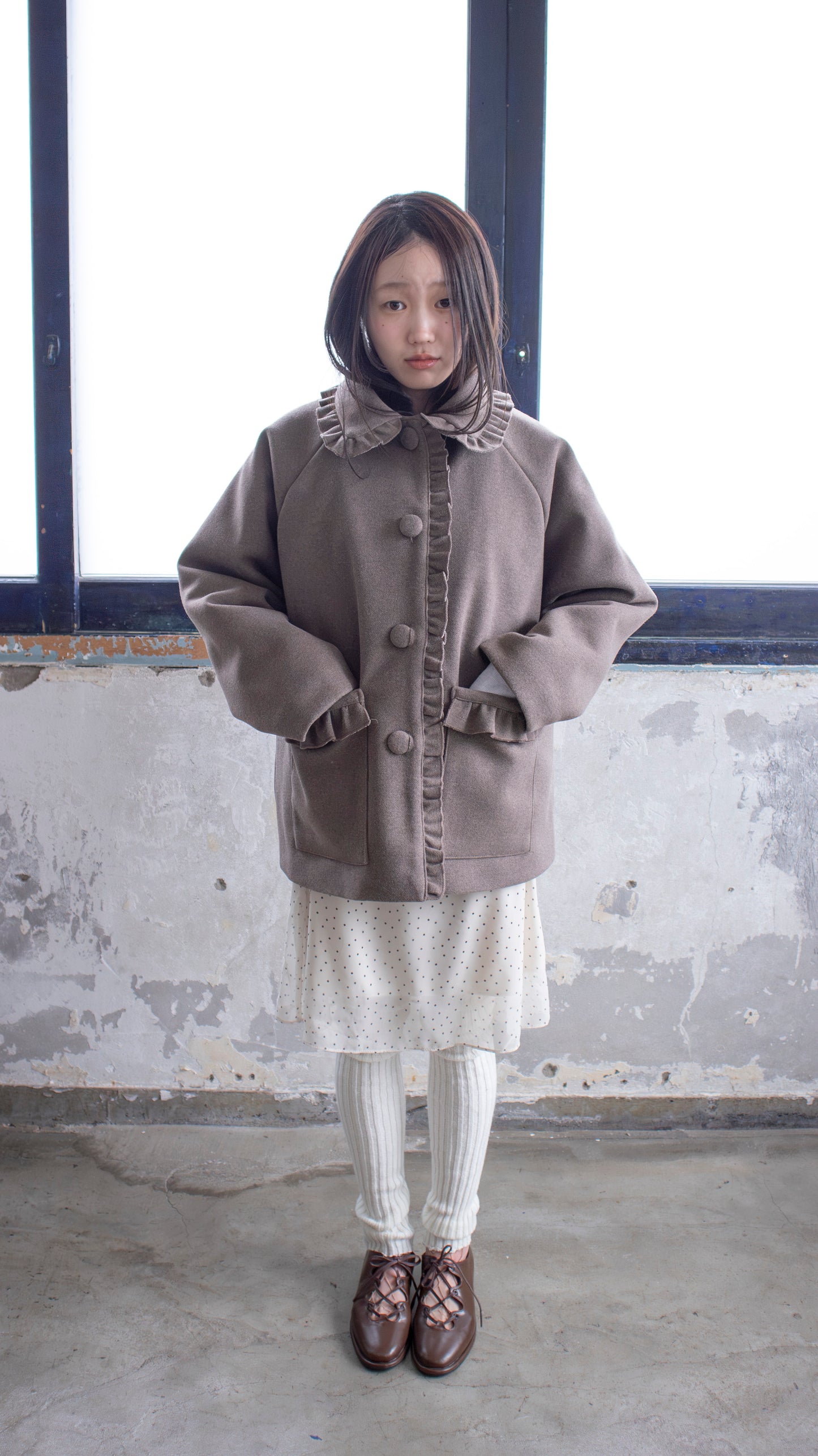 Frill button midi coat (brown)