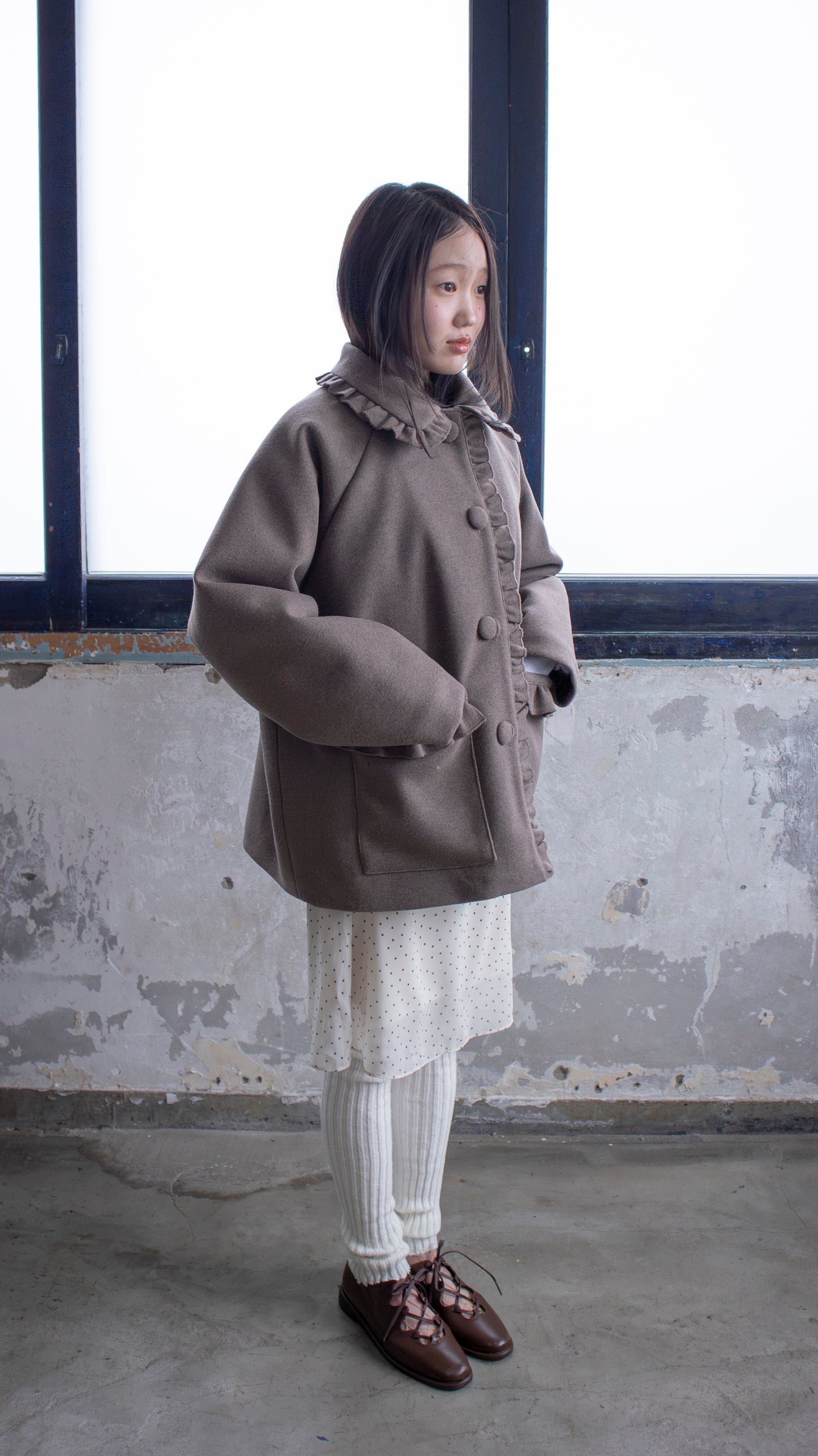 Frill button midi coat (brown)