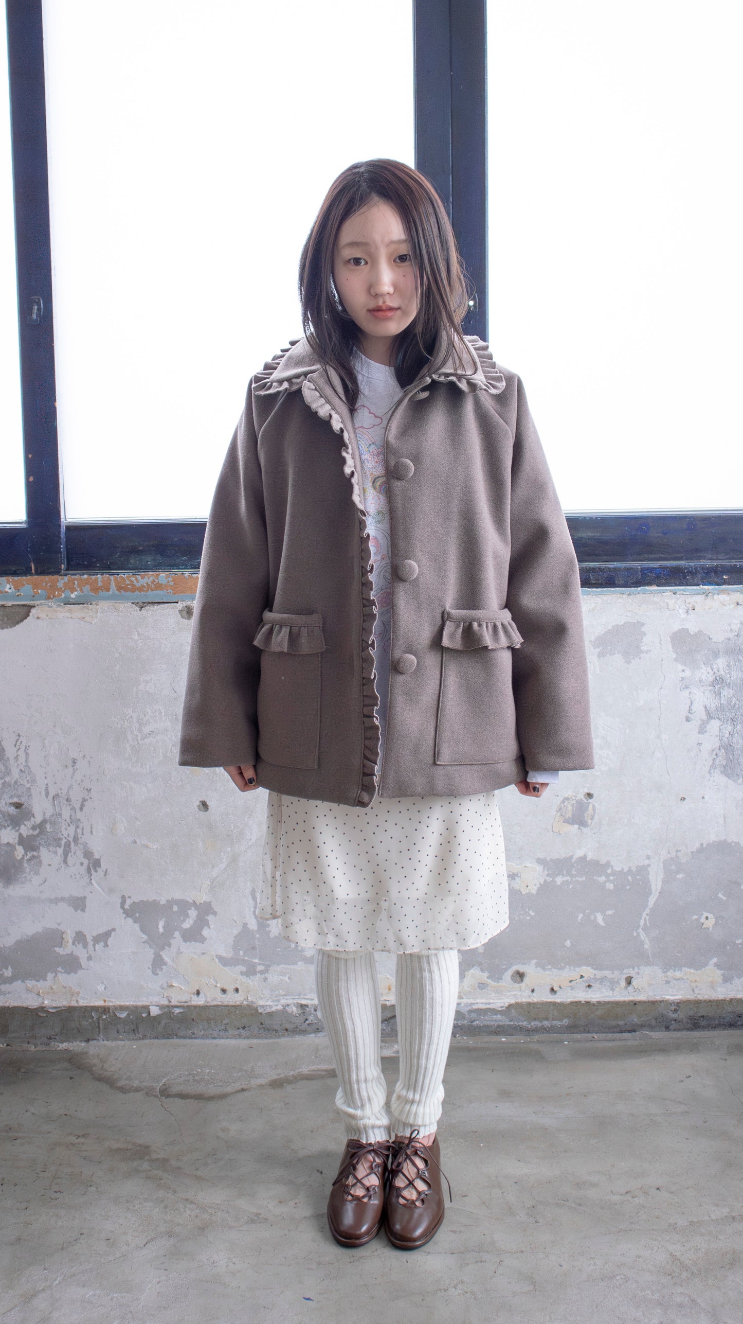 Frill button midi coat (brown)