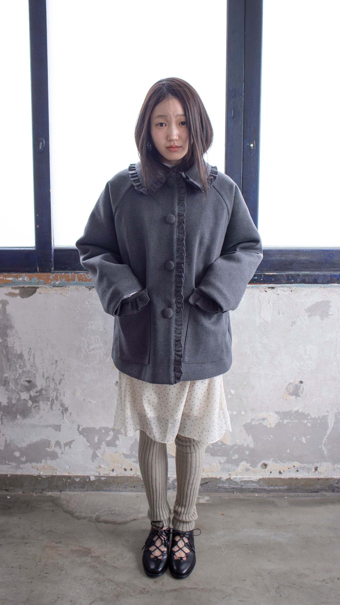 Frill button midi coat (gray)