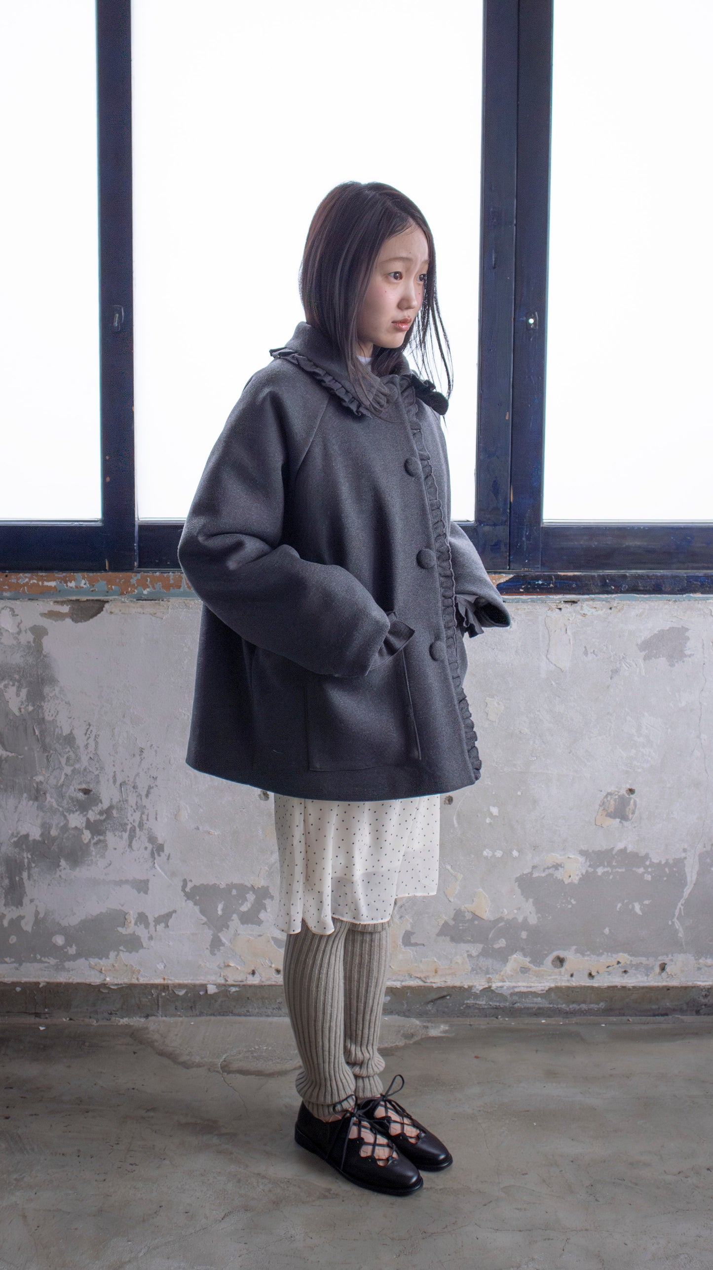 Frill button midi coat (gray)