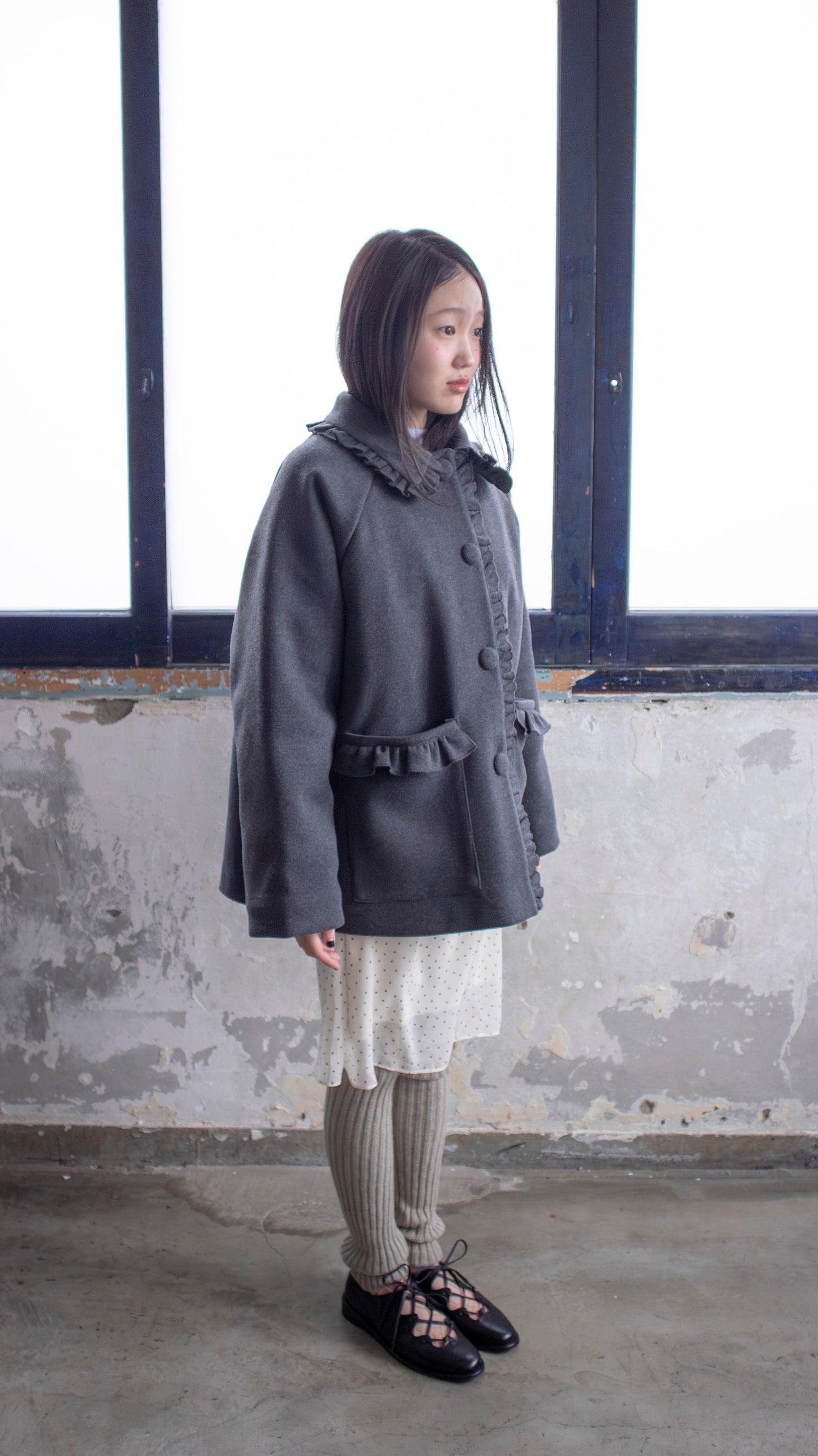 Frill button midi coat (gray)