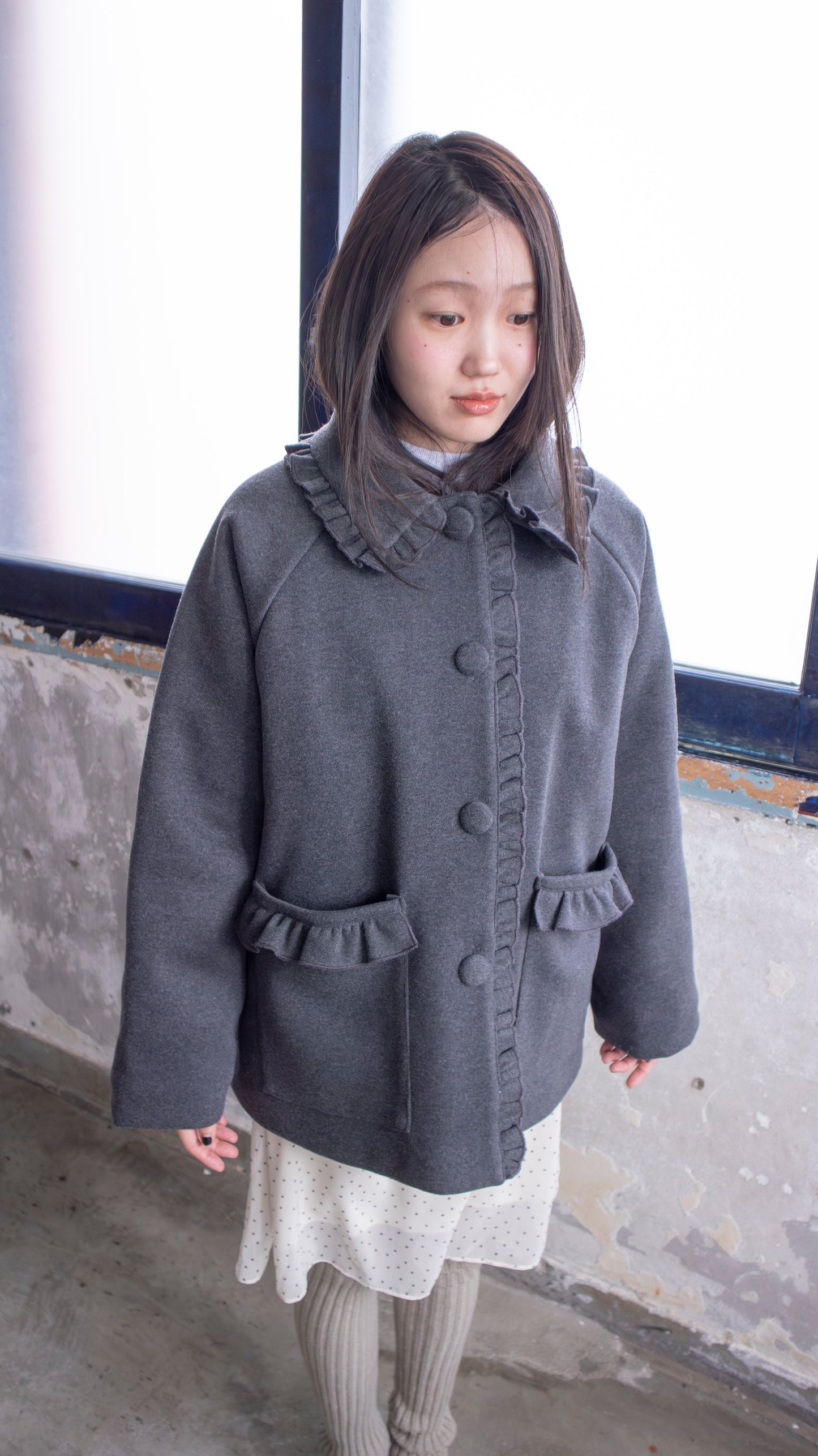 Frill button midi coat (gray)