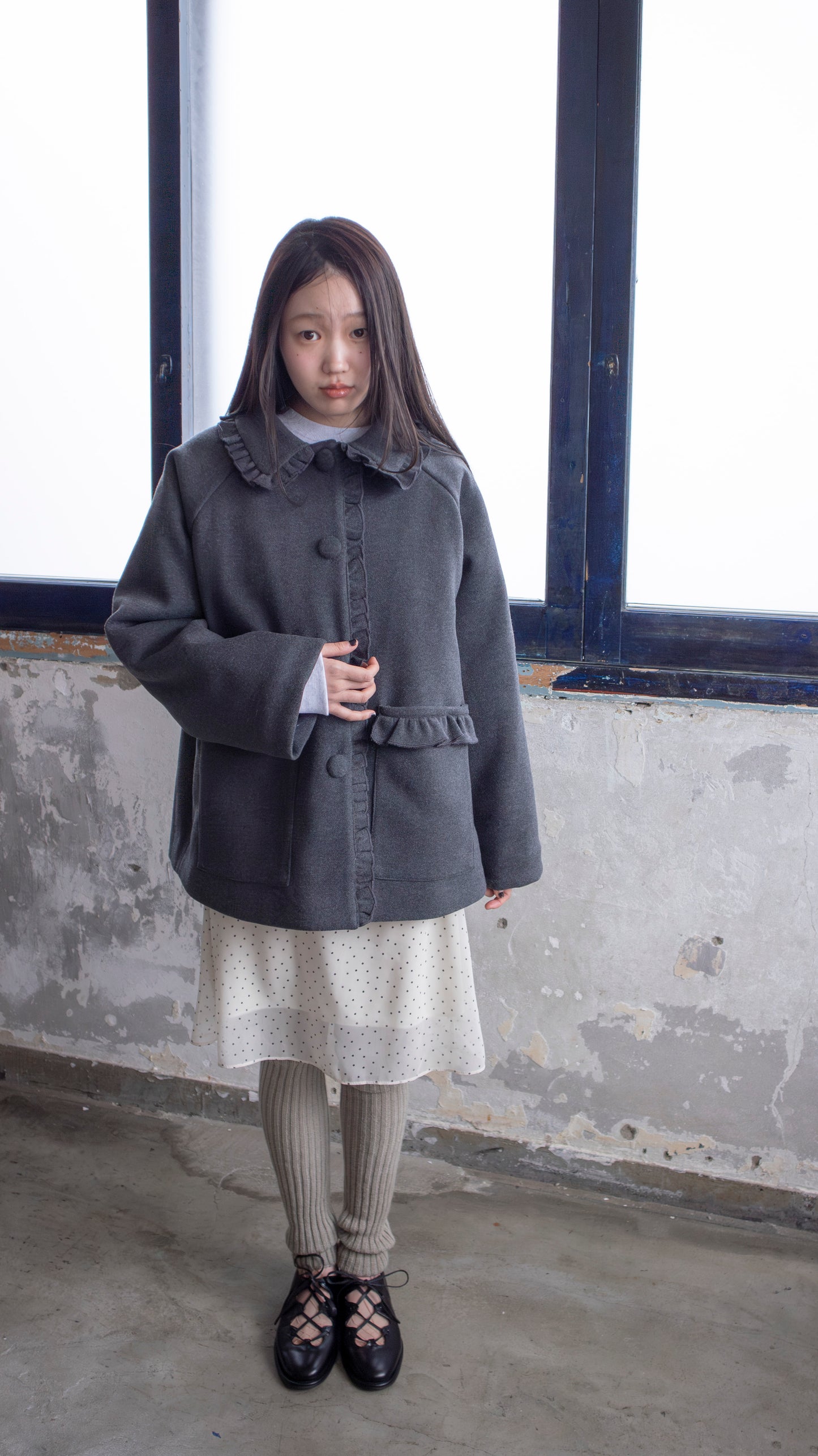 Frill button midi coat (gray)