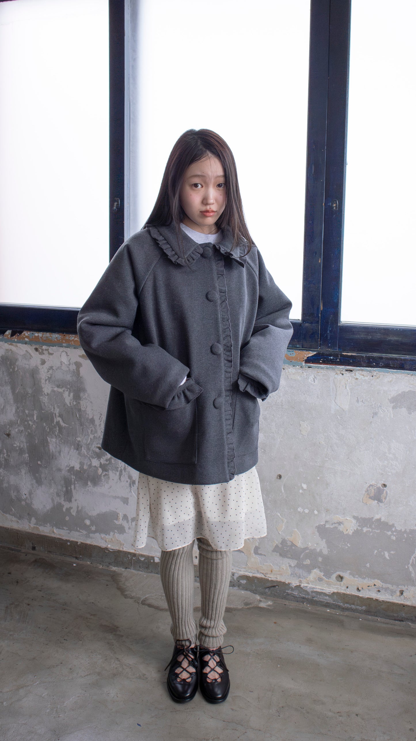 Frill button midi coat (gray)