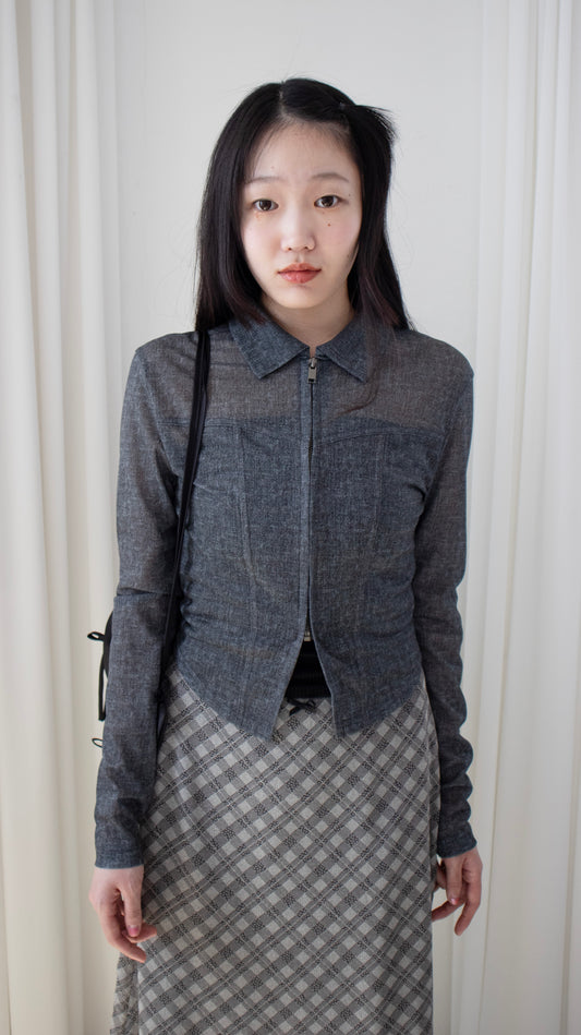 Sheer denim zip-up (charcoal gray)