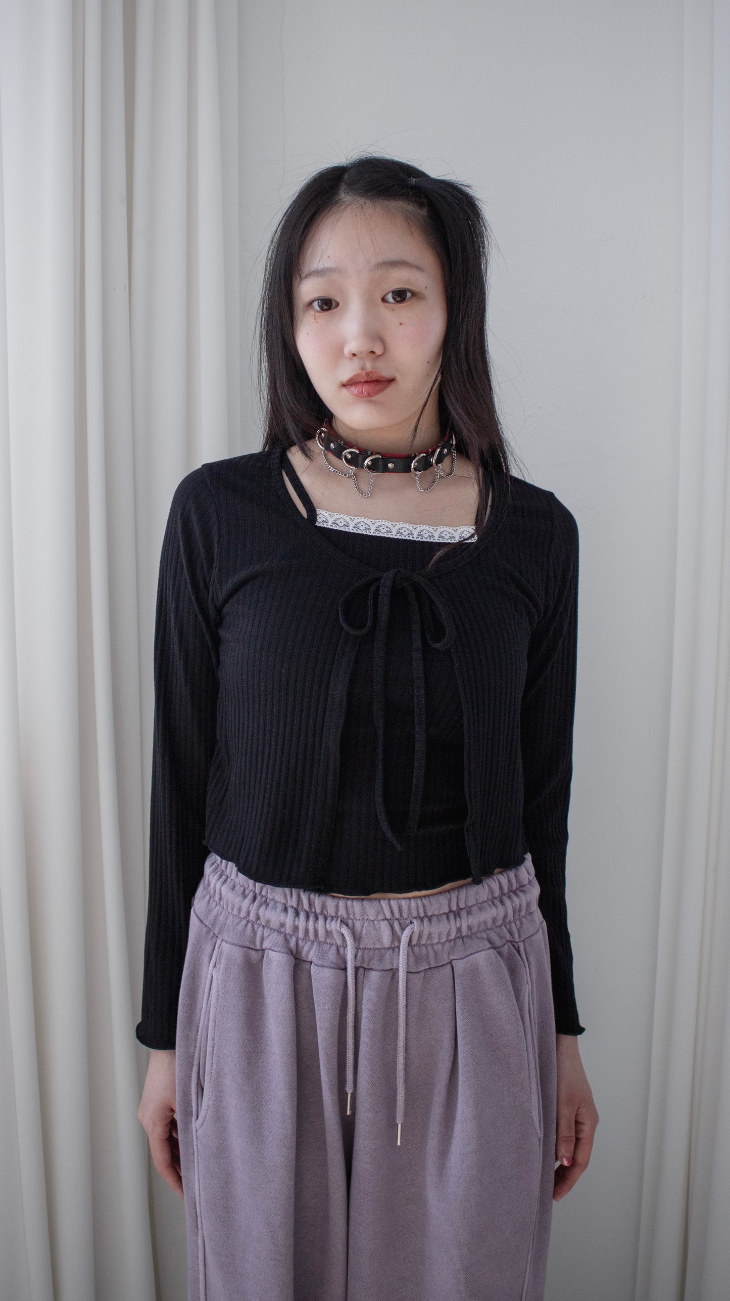 Layered ribbon cardigan set (black)