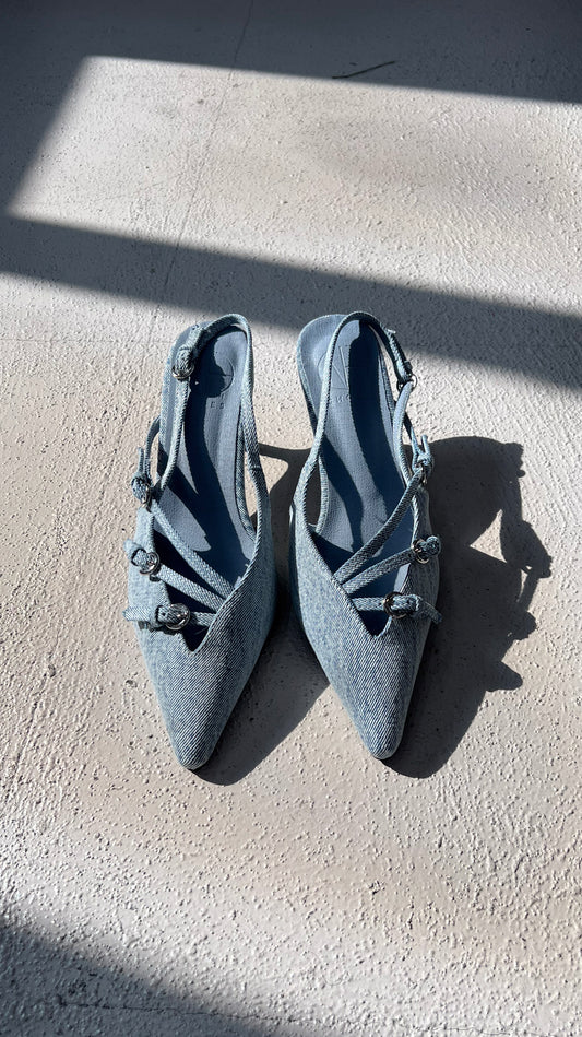 Denim slingback heel