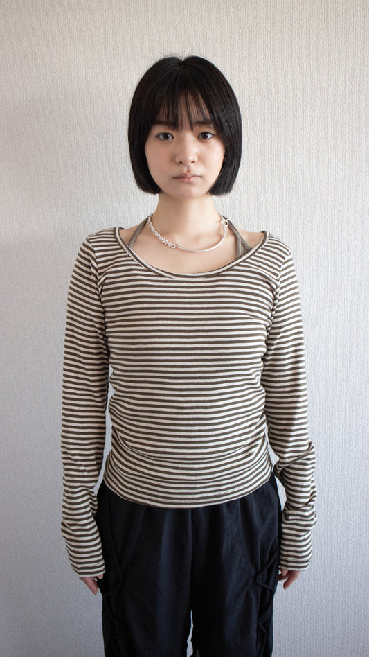 Round neck border L/S tee (brown)