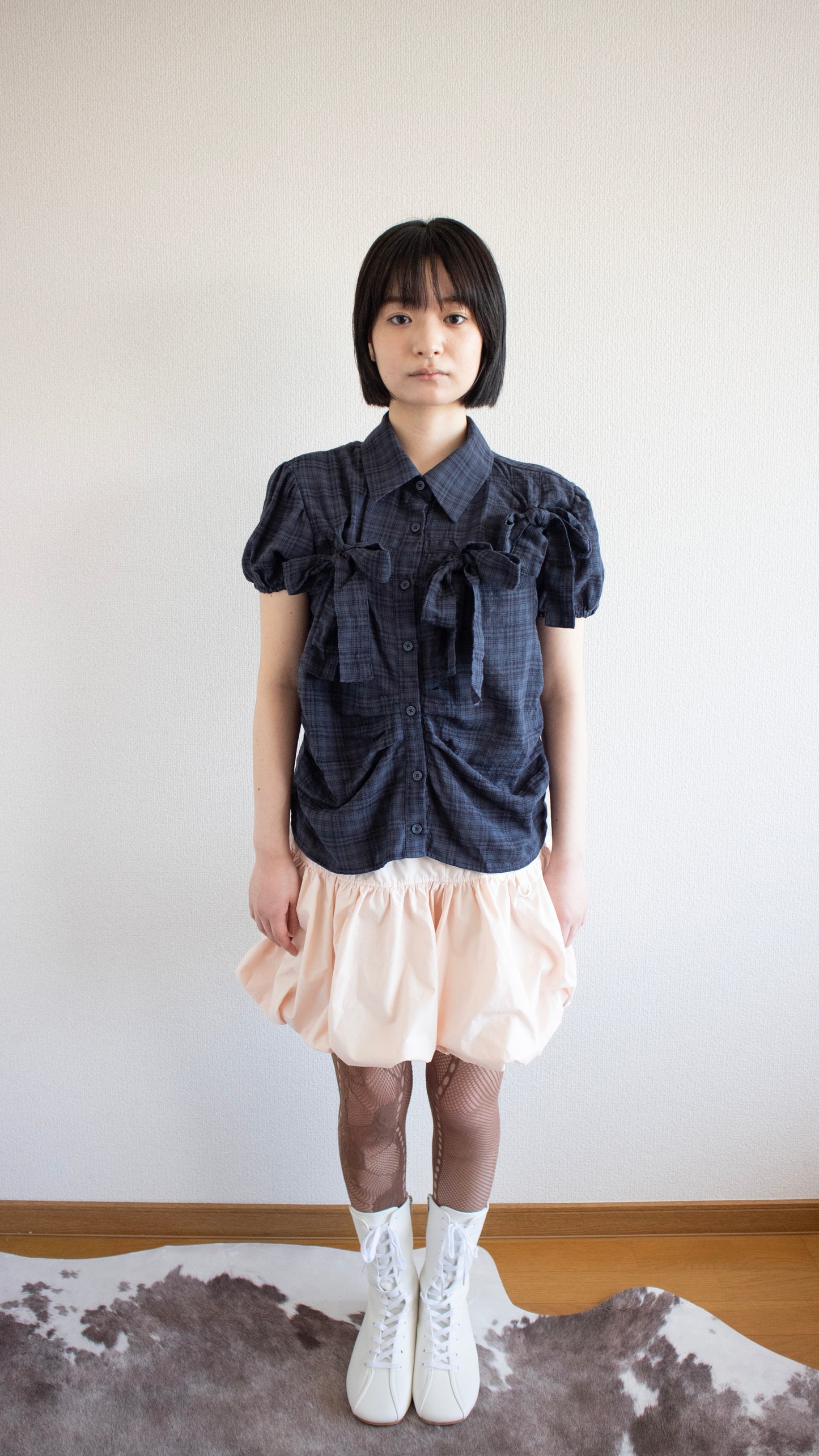 Ribbon puff check shirts (navy)