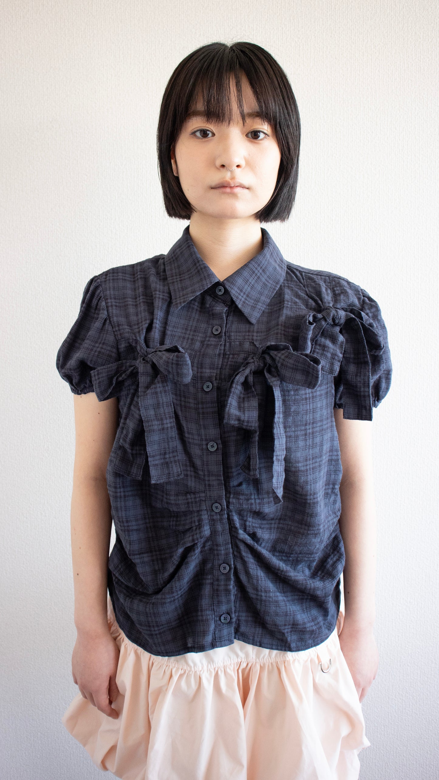 Ribbon puff check shirts (navy)