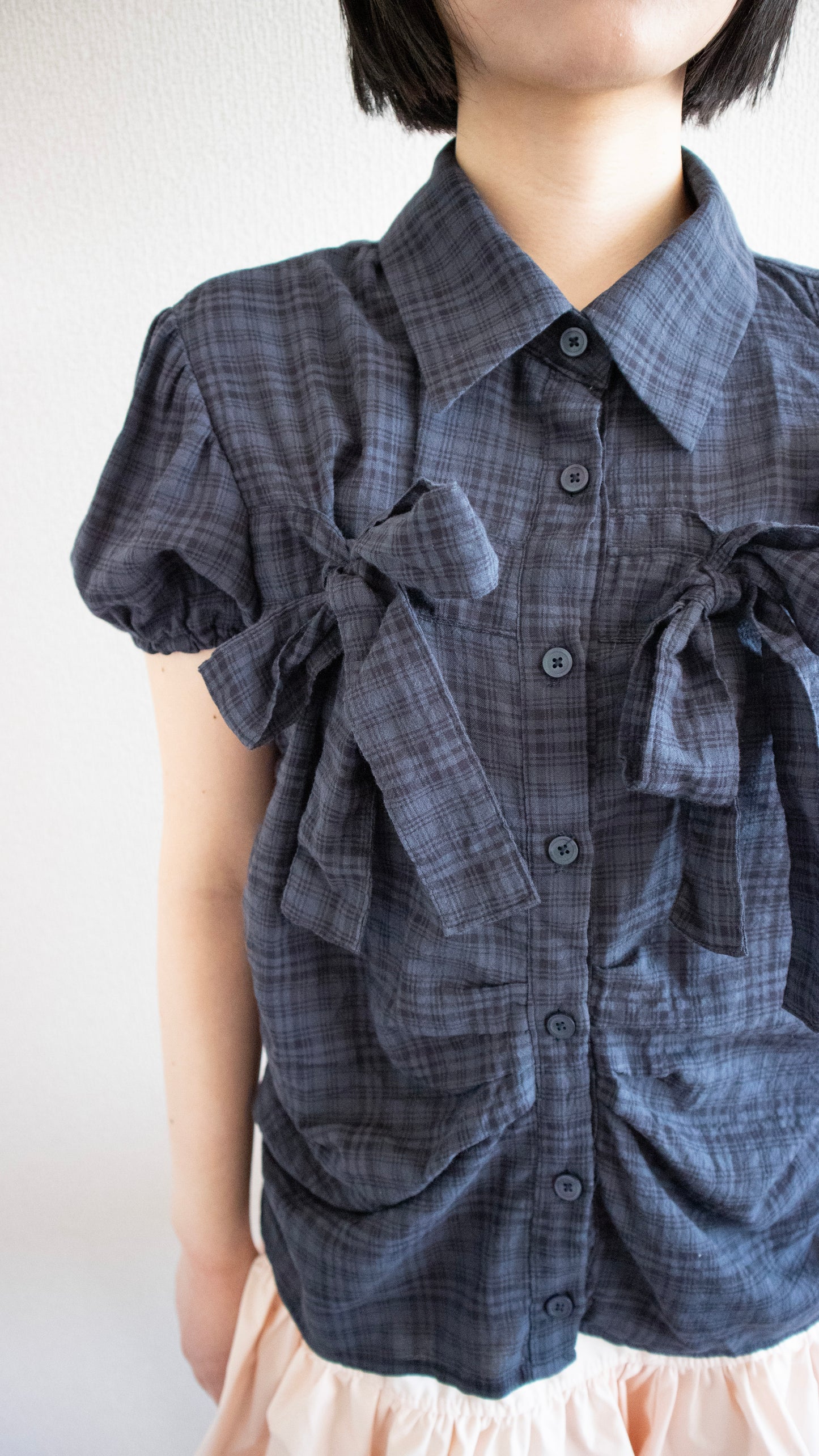 Ribbon puff check shirts (navy)