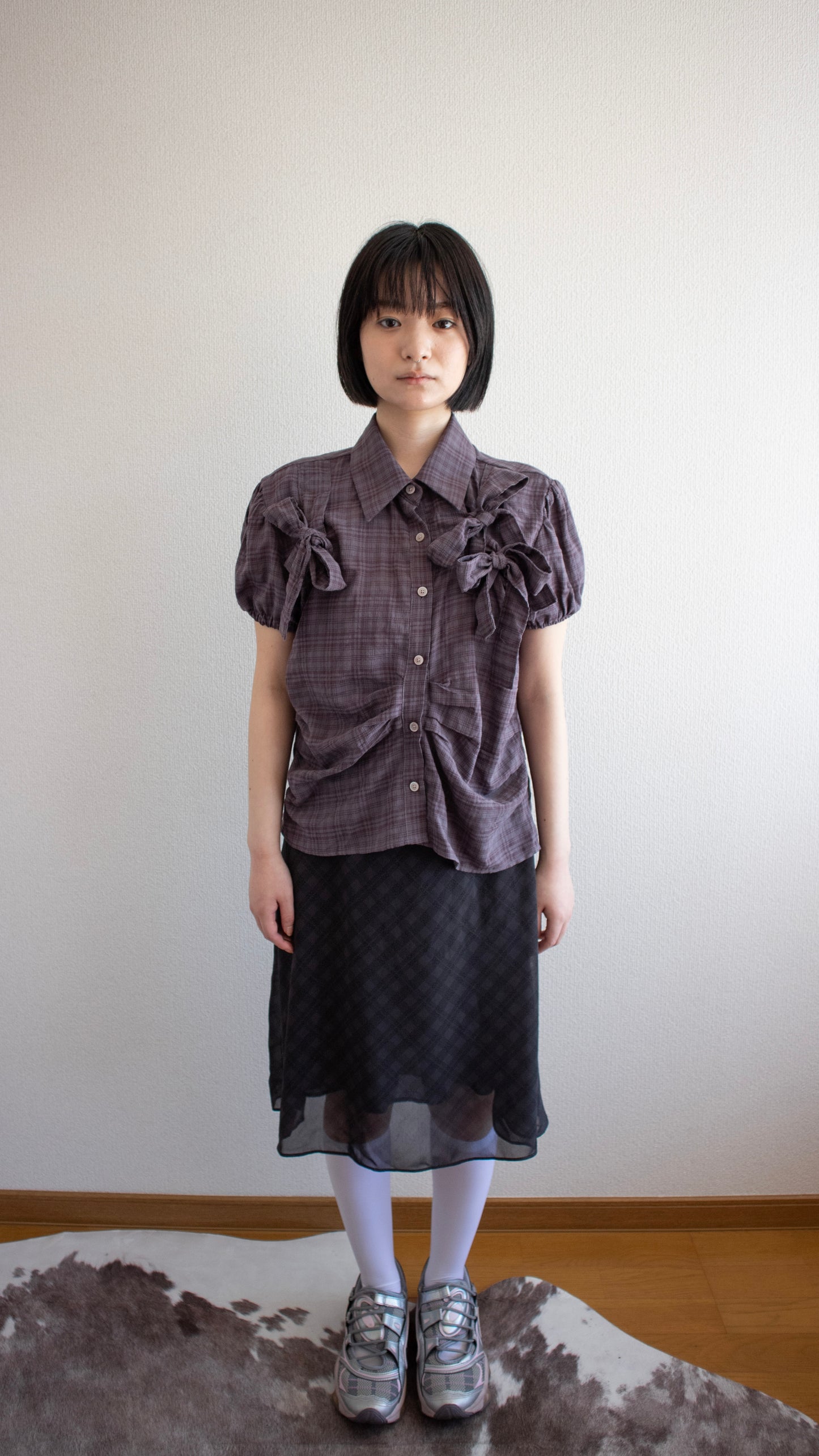 Ribbon puff check shirts (wine)