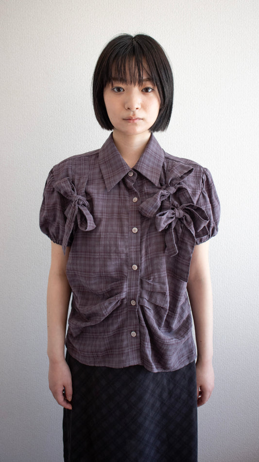 Ribbon puff check shirts (wine)