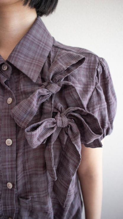 Ribbon puff check shirts (wine)