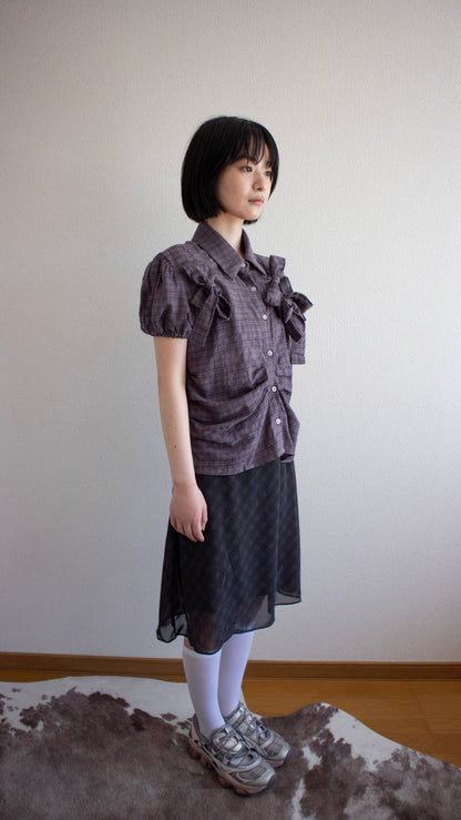 Ribbon puff check shirts (wine)