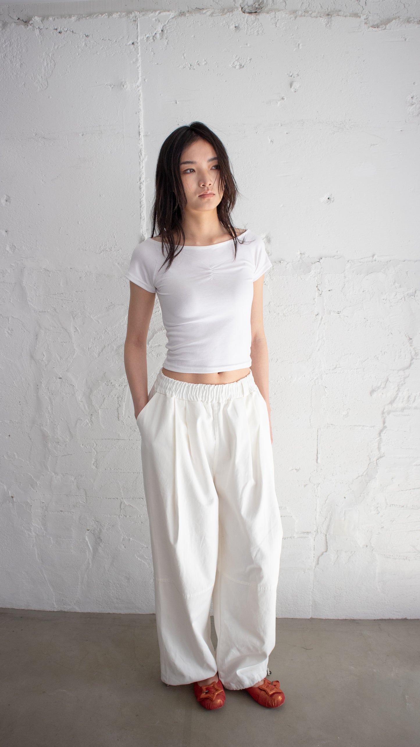 Cotton 2-tuck wide pants(white)