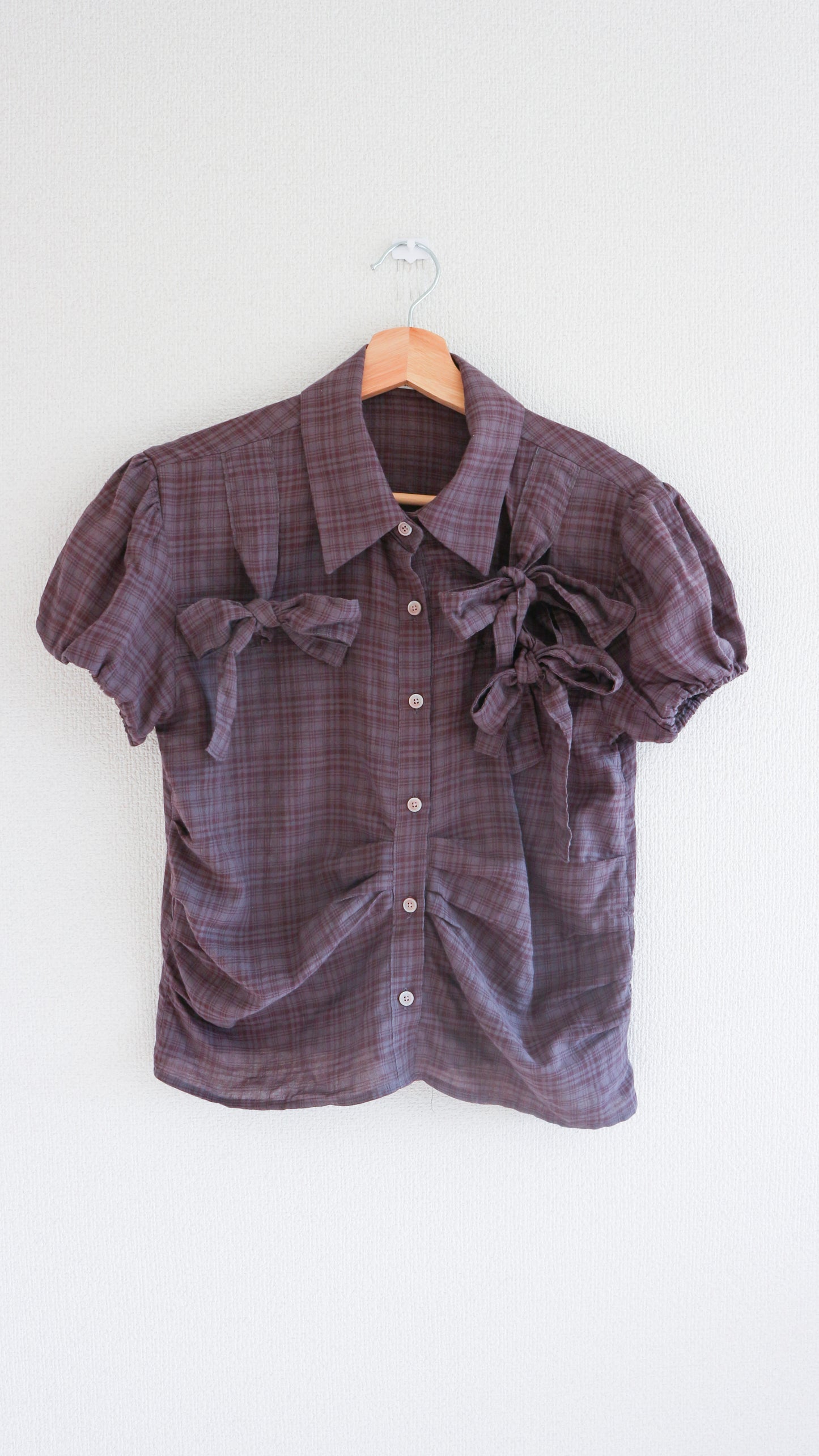 Ribbon puff check shirts (wine)