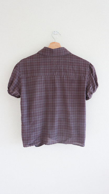 Ribbon puff check shirts (wine)